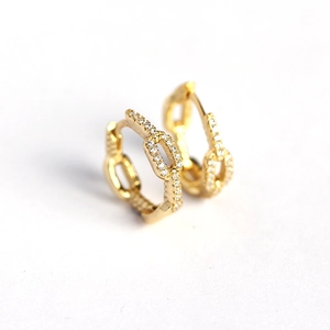 S925 sterling silver gold chain link hoop earrings with sparkling micro-pave zircon stones