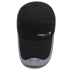 Men's black outdoor baseball cap with extended brim and modern sports print design
