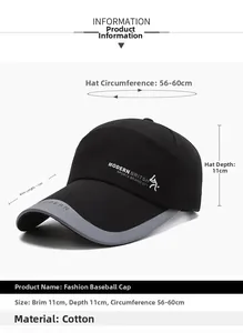 Detailed view of black and grey cotton baseball cap with dimensions and modern logo
