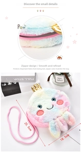 Detail of cute rainbow plush octopus bag with golden crown and zipper closure dimensions