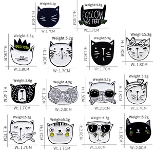 Detailed size and weight chart for 14 unique enamel cat badges in white and black