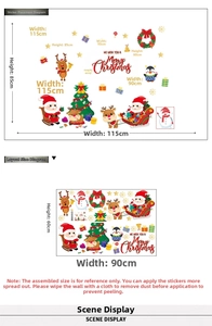 Detail of Santa and reindeer window sticker showing layout size 60x90cm and display effect
