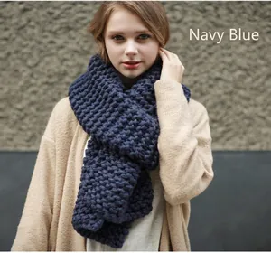 Thick navy blue chunky knit winter scarf for women, handmade warm wool style muffler