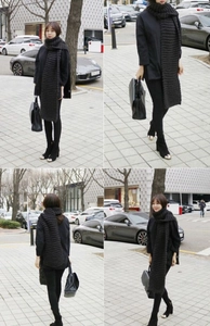Collage of long black knit scarf worn by model showcasing cozy style from various angles