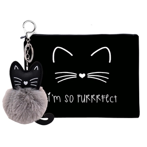 Women Cute Cat Print Makeup Bag Oxford Cloth Cosmetic Pouch With Plush Ball Keychain Funny Purrrfect Travel Storage Bag