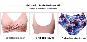 Detail of pink twist front bikini top and tropical print high waist bottoms with knot detail