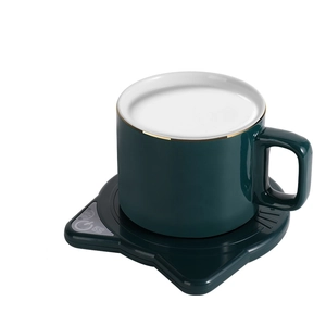 Green ceramic mug set with 55°C constant temperature heating coaster for coffee