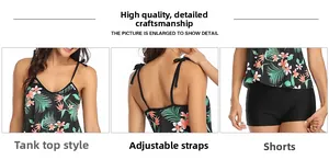 Detail of floral tankini top with adjustable straps and black boyshort swimsuit bottoms