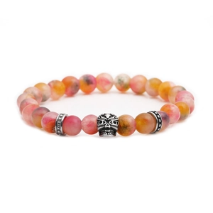 Colorful 8mm agate stone bead bracelet with a silver skull charm on white background