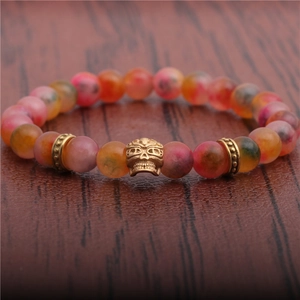 8mm colorful agate stone beaded bracelet featuring a vintage golden skull charm
