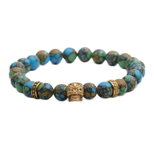 Men Beaded Bracelet With Skull Head Natural Stone Alloy Charm Vintage Gothic Elastic Jewelry For Daily Wear Accessories