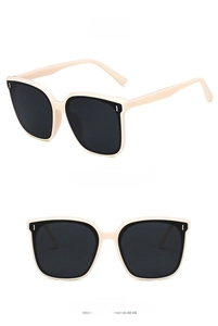 Detail view of beige square frame sunglasses with grey lenses in front and side angles