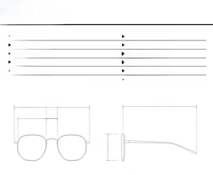 Detailed size chart for square frame sunglasses with 147mm width and 149mm temple length