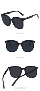 Three-view shots of oversized black square sunglasses with grey lenses and metal details