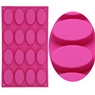 Macro detail showing 12 oval cavities of flexible pink silicone mold for DIY baking