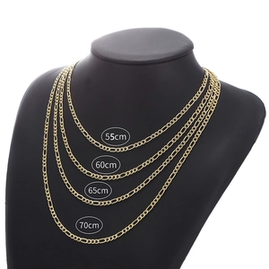 Men's gold Figaro chain necklaces shown in four lengths: 55cm, 60cm, 65cm, and 70cm