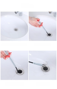 Macro detail of the 4-step operation for using a flexible spring drain claw tool