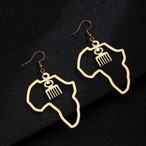 Gold African map dangle earrings with Gye Nyame symbol on black background