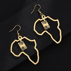 Golden stainless steel Africa map earrings featuring Adinkra Gye Nyame symbol cutouts