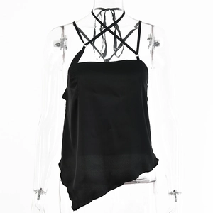 Detail of black satin camisole with asymmetric hem and crisscross lace-up back