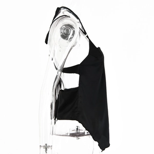 Detail view of smooth black satin fabric and lace-up back design on sleeveless top