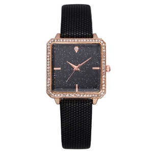 Square rose gold watch for women with starry dial, diamond bezel and black leather strap