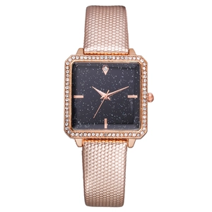 Women's square rose gold quartz watch with starry sky dial and crystal bezel