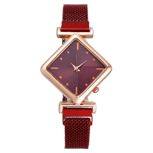 Women's fashion quartz watch with rhombus wine red dial and rose gold magnetic mesh band
