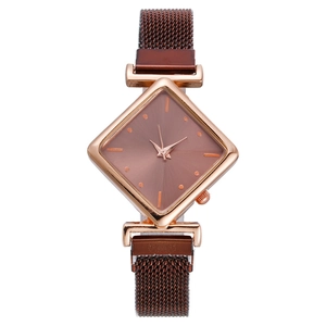 Women's diamond-cut quartz watch with brown sunray dial and magnetic rose gold mesh band