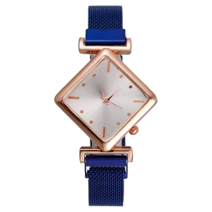 Fashionable rhombus rose gold watch for women with blue mesh magnetic band