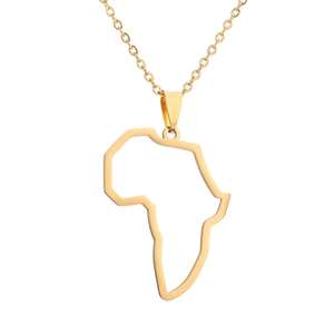 Detailed close-up of golden stainless steel Africa map pendant necklace with fine chain