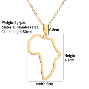 Detailed view of gold stainless steel Africa map pendant with size measurements shown