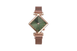 Detail of green diamond-cut dial with rose gold mesh strap on a women's quartz watch