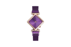 Close-up of purple diamond-cut glass dial and rose gold quartz watch with mesh strap