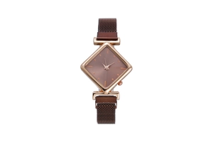 Detail view of rhombic rose gold bezel and brown mesh band on a women's quartz watch