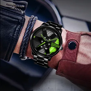 Men's black stainless steel watch featuring a creative neon green car wheel rim dial design