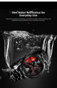 Waterproof car wheel watch for men featuring red brake caliper and 30m depth rating