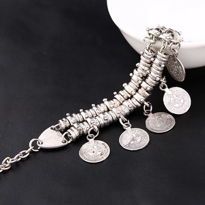 Retro silver double-layered chain anklet with cylindrical beads and coin charms