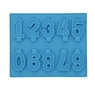 Close-up of blue silicone mold featuring 0-9 number shapes for baking and chocolate