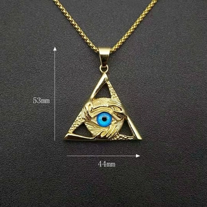 Detailed size view of gold triangle evil eye pendant measuring 53mm by 44mm