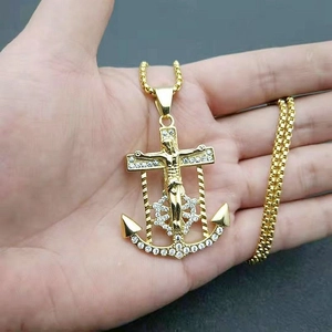 Gold plated hip hop anchor cross pendant necklace with cubic zirconia hand-held view