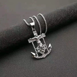 Silver anchor cross pendant necklace with rhinestones on a high-quality box chain