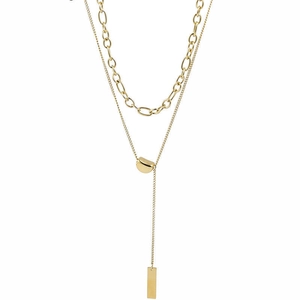Double-layered gold titanium steel necklace with bean and bar pendants on white background