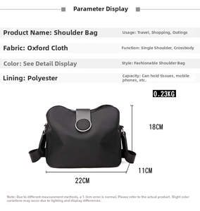 Detailed spec sheet for trendy oxford fabric crossbody bag showing dimensions and features