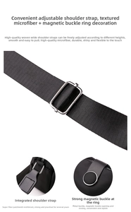 Detail of adjustable woven shoulder strap with metal ring and magnetic buckle