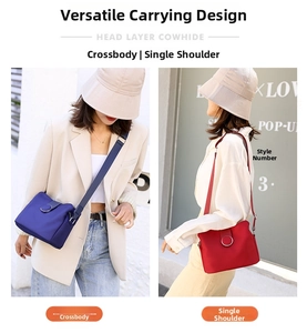 Cowhide leather crossbody bag shown in dark blue and red styles with adjustable shoulder straps