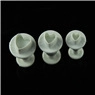 Three-piece set of white heart-shaped spring plunger cutters in different sizes for baking