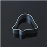 Close-up of a bell-shaped stainless steel cookie cutter with sharp edges on black background