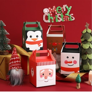 Detailed view of cartoon Santa, Reindeer, and Penguin Christmas gift boxes with handles