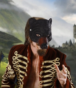 Detail of brown velvet jacket with gold embroidery and black bear cosplay mask